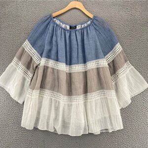 Ali Miles Top Women Medium Blue Beige Off Shoulder Long Bell Sleeve Peasant Boho